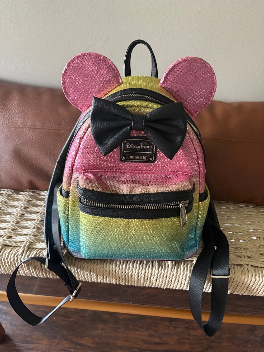 Disney Loungefly Ears Pink Rainbow Sequin Mini Backpack with Bow
